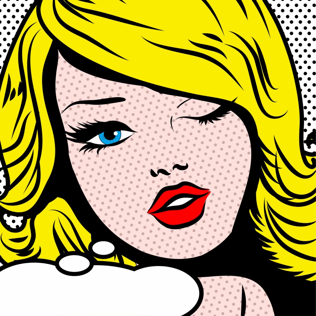 Pop-art kép egy szőke, kacsintós, kék szemű lányról