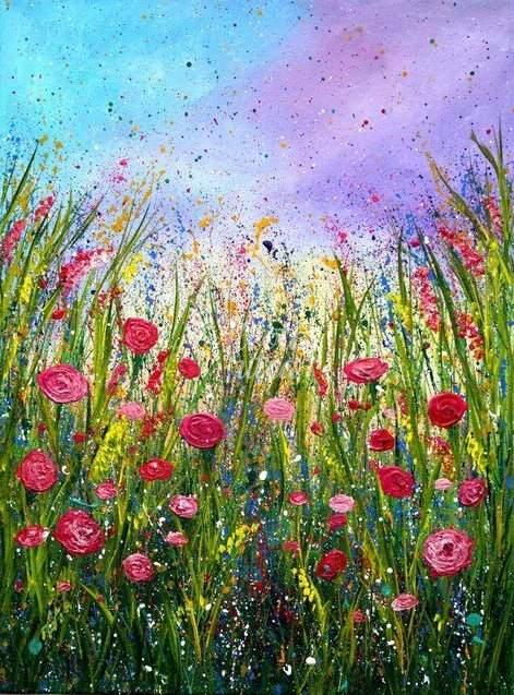 A tavasz bűvös illata, Alkotásutca, festmény színes virágokkal és égbolttal