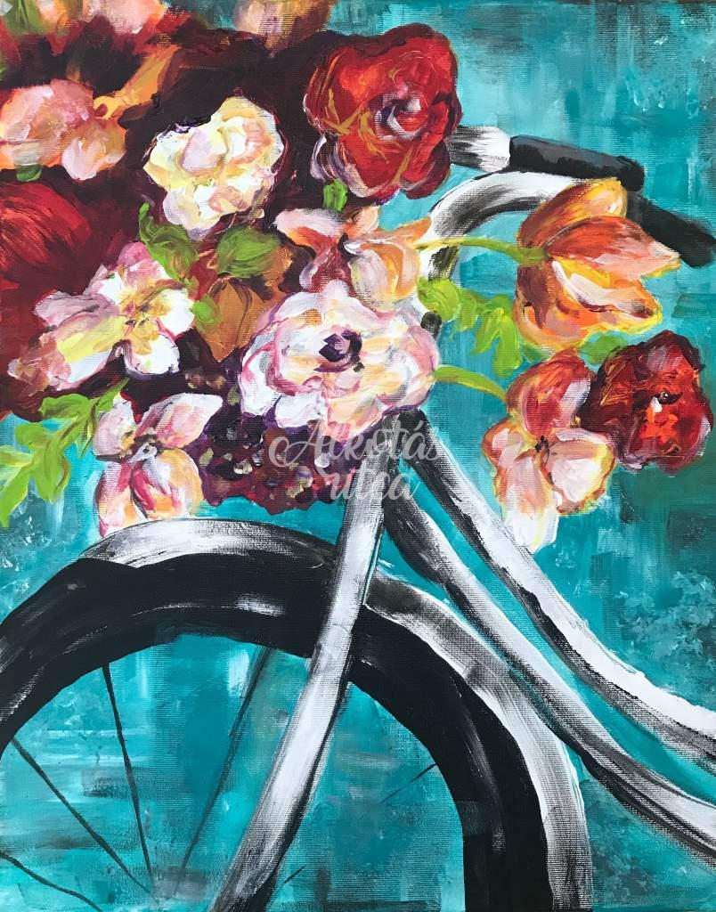 Virágos bicikli, Alkotásutca festmény, bicikli virágokkal díszítve