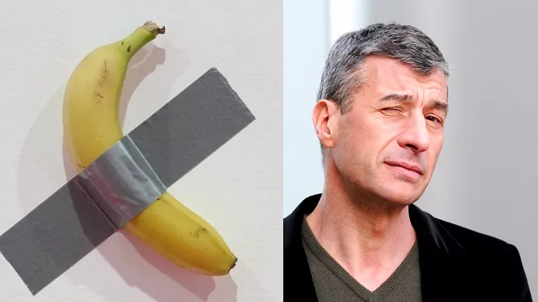 Maurizio Cattelan és az installációnak szánt banán, ragasztószalaggal a falra erősítve