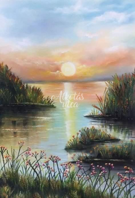 Alkotásutca, új festmény, Napnyugta a tónál